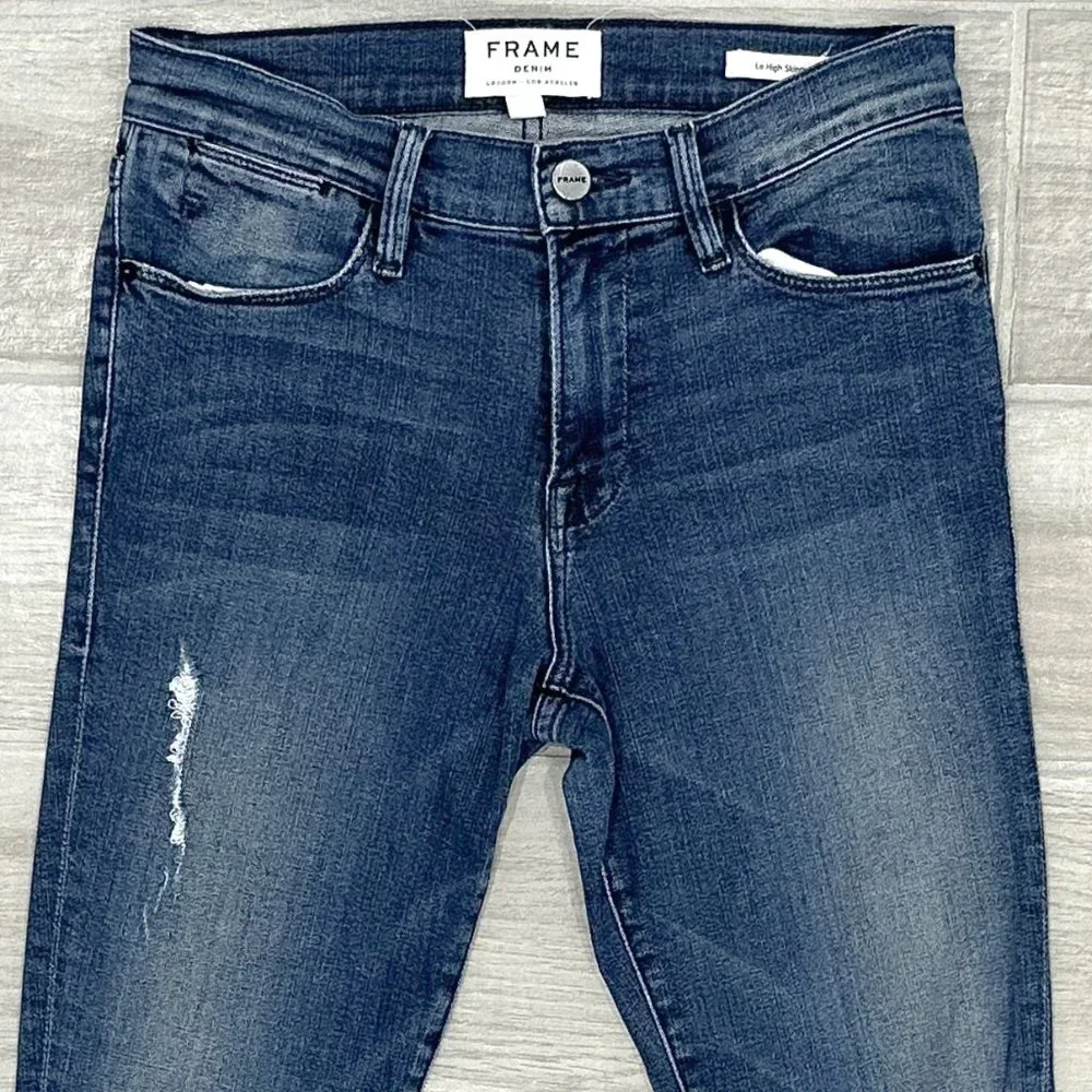 Frame Le High Rise Distressed Skinny Jeans in Endell Dark Wash Denim Size 26